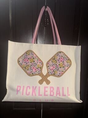 Pickleball Club XL Tote Floral Paddle Pink Lined Canvas Beach Pool Market New